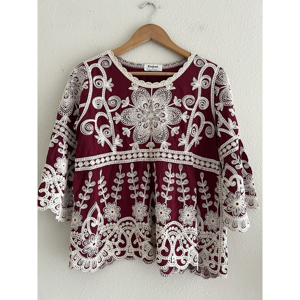 Kindred Burgundy Embroidered Blouse Top Bell Sleeve Small Boho Feminine Festival